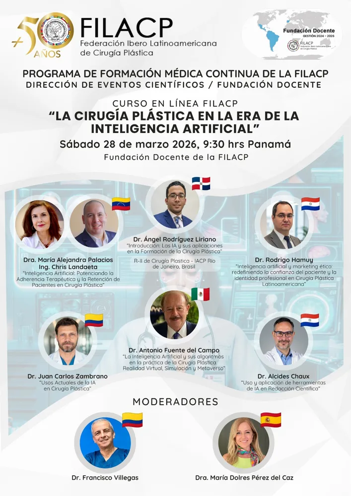 Flyer del curso internacional FILACP sobre cirugía plástica e inteligencia artificial, con el Dr. Rodrigo Hamuy entre los ponentes