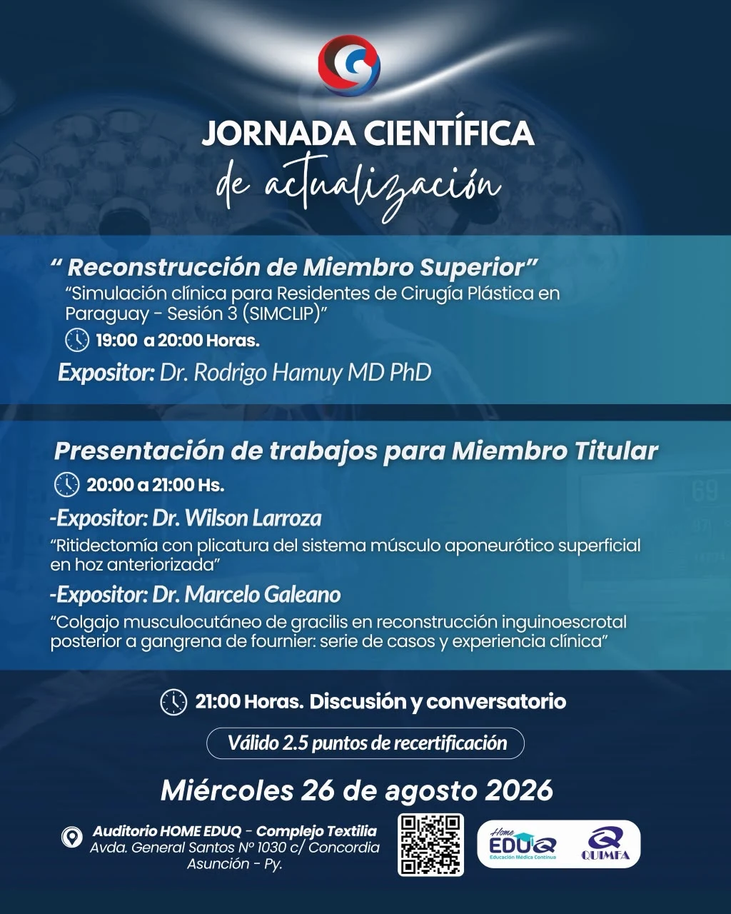 Flyer de la Jornada Científica de Actualización, con la exposición del Dr. Rodrigo Hamuy sobre reconstrucción de miembro superior y SIMCLIP