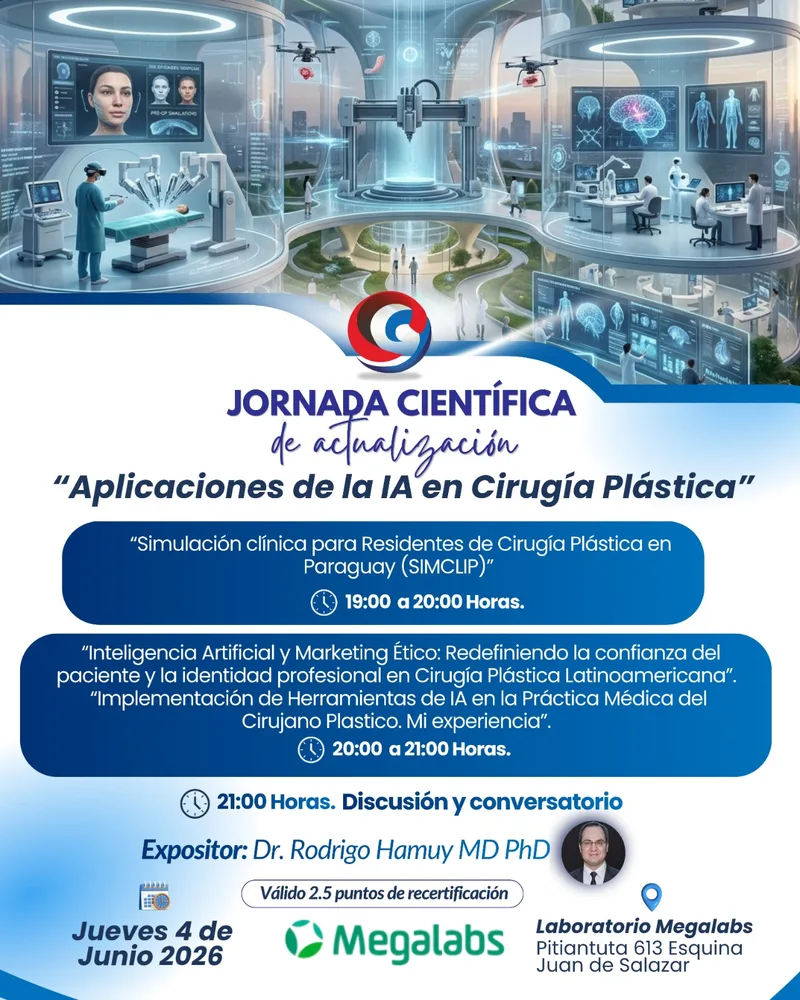 Flyer de la jornada Megalabs sobre aplicaciones de la IA en cirugía plástica, expositor Dr. Rodrigo Hamuy