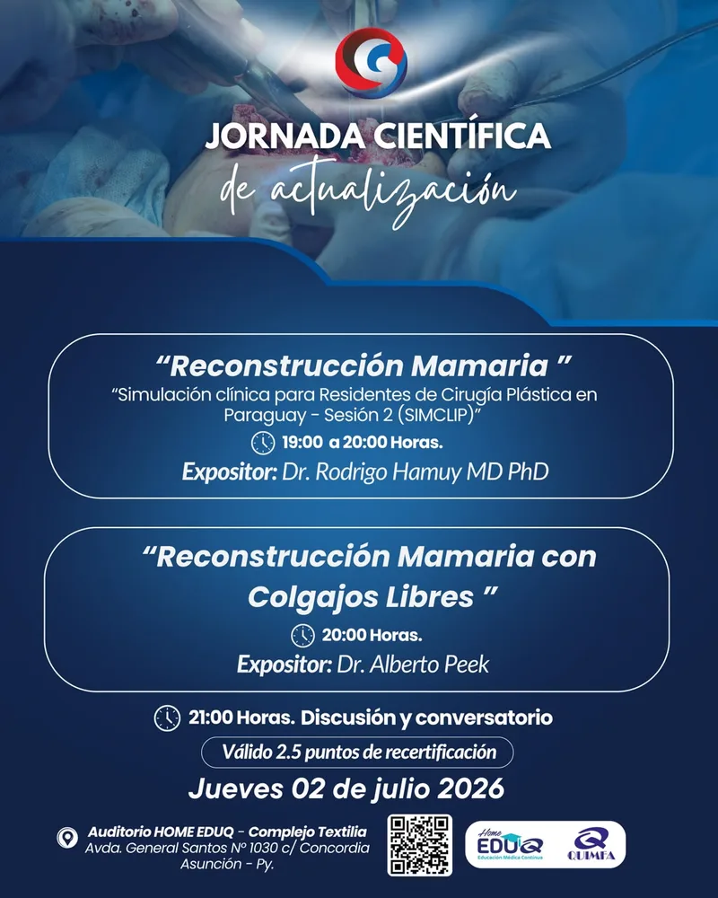Flyer de la Jornada Científica SPACPRE, con la charla del Dr. Rodrigo Hamuy sobre reconstrucción mamaria y simulación clínica
